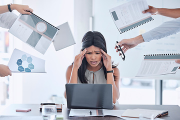 Image showing Stress, hands and business woman with headache from multitasking, workload and work pressure in office. Anxiety, hand and black woman suffering with burnout, chaos and deadline at corporate job