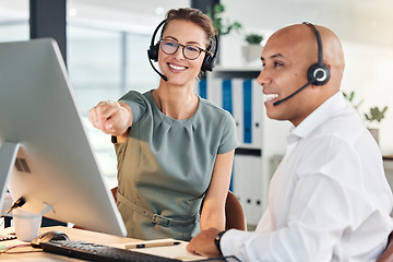 Image showing Crm customer service, coaching and call center consulting agent working on pc. Telemarketing team, business insurance help desk support employees and internet technology teamwork communication