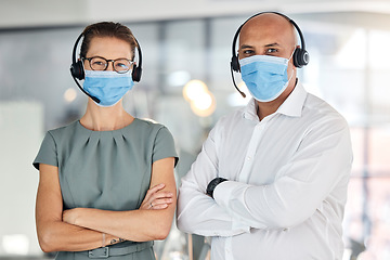 Image showing Covid, call center team and office collaboration together in office workplace. Proud telemarketing employees, crm consultants and corporate help desk consulting managers with mask for health safety