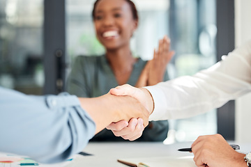 Image showing Handshake, deal and business partnership agreement with applause at startup office. Shaking hands, thank you and corporate welcome to new recruit or happy partner. Hand shake at recruitment meeting.