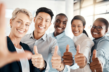 Image showing Thumbs up, thank you and happy business team with positive energy for motivation, professional success and corporate teamwork inspiration. Workers solidarity, collaboration and staff smile happiness