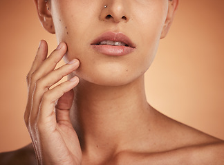 Image showing Beauty, skincare and mouth of woman with natural skin, makeup and cosmetics for health, wellness and dermatology. Aesthetic female model with glow after facial, lips and body care for self love