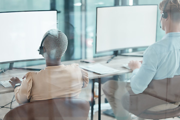 Image showing Call center, customer service and computer mockup screen with telemarketing workers consulting online. Crm, contact us and consultant support working at help desk with headset and pc in sales company