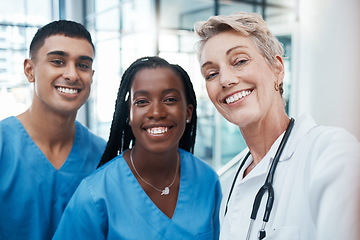 Image showing Healthcare, selfie and portrait of a team of doctors in collaboration in a hospital or clinic. Teamwork, diversity and happy group of medical professionals taking a picture while working together.