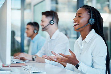 Image showing Telemarketing, customer service and call center worker consulting online in sales crm company. Ecommerce, contact us and consultant with internet support, communication and conversation with computer