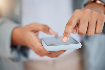 Image showing Hands of business woman, phone and social media, communication or texting. Mobile, smartphone and person on 5g network web surfing, internet browsing or networking online while at workplace office