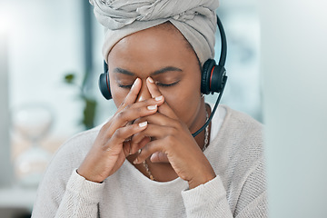 Image showing Black woman stress, call center consultant in office closeup while working at customer support hotline. Customer service woman, anxiety burnout with mental health and work depression in crm workplace