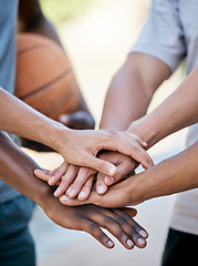 Image showing Hands, basketball and team in sports motivation, support or trust for collaboration, cooperation and unity. Group hand of athletic people in teamwork, meeting or agreement for sport training outside