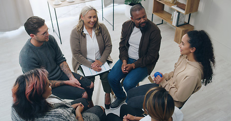 Image showing Team building, therapy group and people in circle for mental health support, communication and counseling service in office. Diversity, community and trust group of people in psychology talk together