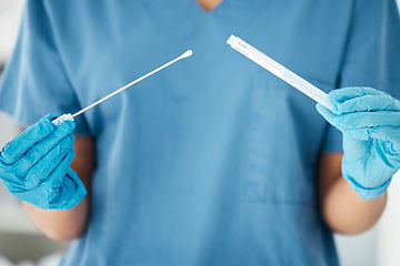 Image showing Hands, doctor and covid test in hospital for research, collect and healthcare innovation closeup. Hand, nurse and covid 19 testing with medical sample for laboratory, pathology and science experiment