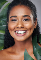 Image showing Natural skincare, leaf and portrait of black woman with healthy glowing skin, beauty cosmetics and facial makeup. Dermatology, wellness and aesthetic face of happy model girl with self care routine