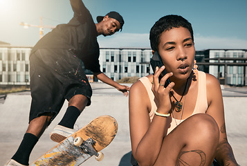 Image showing Skateboard, summer and phone call with friends at urban city hangout in sunshine together. Skater people at recreation facility for outdoor activity and 5g mobile connection in New York.