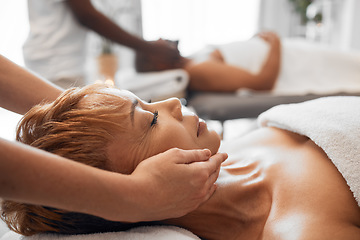 Image showing Relax, luxury massage and senior couple together in hotel spa or salon for romantic anniversary weekend. Health, wellness and romance, massage therapy for mature black woman and man in retirement.