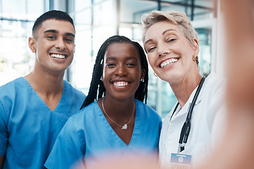 Image showing Hospital, doctor and selfie of medical, nurse and doctors team with a happy smile about health care. Teamwork, collaboration and healthcare community of nursing and medicine workers with diversity