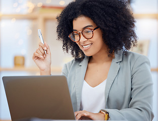 Image showing Business woman, laptop and happy with planning, strategy and success in online research for startup project. Corporate employee with analytics, innovation and market research at advertising company