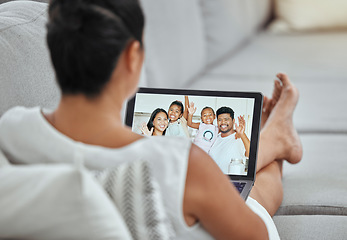 Image showing Woman, video call and tablet screen talking to family, wave hello and home network telecom connection online in living room. Grandma digital zoom call, virtual communication and voip chat on tech app