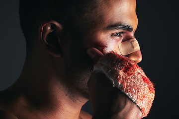 Image showing Boxing injury, man and blood on bandage, martial arts fitness and strong with face bruise after match. Professional athlete, exercise and wound, fighter training for active lifestyle and pain.