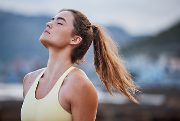 Image showing Woman meditation, breathing and spiritual wellness and freedom after city workout. Calm breathe of fresh air, natural outdoor free, faith and relax after fitness, exercise and training in New York