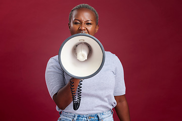 Image showing Megaphone, noise and woman in studio for vote, voice and message of change, transformation and democracy on red background. Speaker, black woman and portrait girl speaking protest, strike and opinion