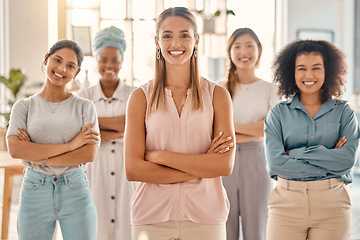 Image showing Business woman leadership, empowerment and portrait of diversity management, smile collaboration and employee motivation of office teamwork. Happy women, staff group and commitment to goals in agency