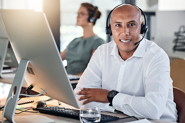 Image showing Portrait, black man and call center for customer support, computer and headset for consulting, talking and in office. Telemarketing, consultant and digital device for client service, support and help