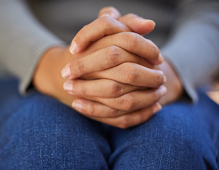 Image showing Woman, hands together and nervous depression, anxiety and mental health in psychology counselling therapy or praying to god. Zoom, prayer fingers and person with stress in counseling help and worship