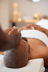 Image showing Black man, head massage or relax spa in relax hotel, wellness salon or luxury resort for self care, mental health or peace. Massage therapist, hands and zen aromatherapy for healthy stress management