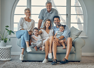 Image showing Family, generations and love, happy together on sofa with portrait in family home, bonding and smile in living room. Grandparents, parents and children, care and spending quality time and big family.