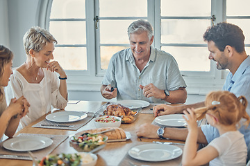 Image showing Together, food and happy family lunch with chicken, bread and nutritionist salad for quality time feast, buffet or meal. Love, bond and thanksgiving turkey brunch for parents, grandparents and child