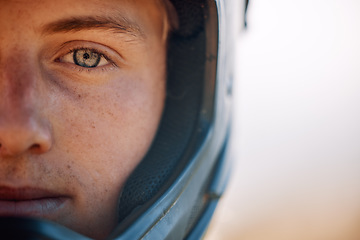 Image showing Safety, helmet and face portrait of biker for outdoor sports, action and adventure. Mountain bike, motorcross and man with biking gear ready for cycling, riding and dirt racing on motorcycle for fun