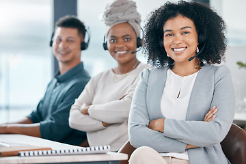 Image showing Arms crossed, call center or customer service women, man or office people in crm consulting company or telemarketing agency. Portrait, smile or happy receptionist teamwork in contact us collaboration
