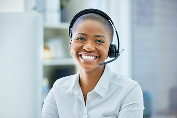 Image showing CRM, customer service or happy black woman with smile in office for telemarketing, telecom or contact us success. Call center, ecommerce or customer support in communication, networking or consulting