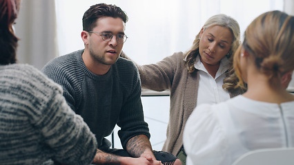 Image showing Support, help and therapy group of people in circle for mental health problem, depression or anxiety and psychologist trust. Psychology, rehabilitation and community people talking with empathy