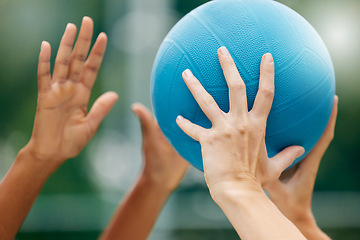 Image showing Netball, sport and athlete hands with ball, game and challenge on a court in urban city park outside. Women, sports fitness and healthy lifestyle wellness training outdoor during training or practice
