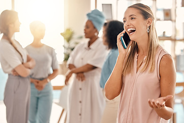 Image showing Business woman, phone call and excited deal, bonus and good news for success, motivation and happiness in office agency. Happy, laughing and young worker talking to client on smartphone about sales