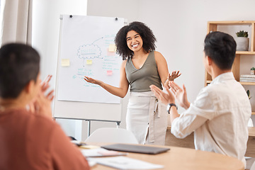 Image showing Diversity, success presentation or applause for marketing vision, target or goal achievement in office. Happy, workshop or team clapping for collaboration, team building or corporate SEO KPI mission