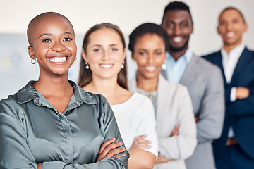 Image showing Portrait, teamwork and success with a female leader, CEO or manager and her team in a line in the office. Diversity, leadership and collaboration with a man and woman employee group together at work