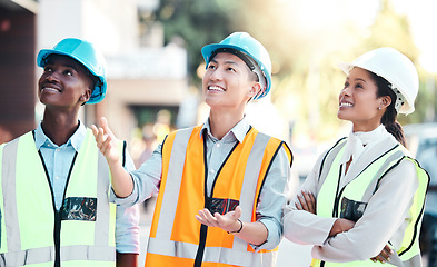 Image showing Team, engineering and collaboration for real estate, property and building development outdoor in the city. Diversity, architect and teamwork, planning and idea with engineer and architect outdoor