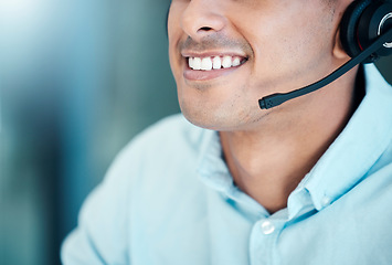 Image showing Call center, customer service and mouth of agent in the office, smile and on client call. Communication, telemarketing and cropped face of businessman working in customer support, crm and consulting