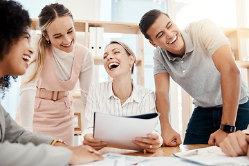 Image showing Meeting, documents and team happy with success of kpi target goals, global marketing strategy or teamwork. Manager, leader or diversity business people with data laugh over joke or sales achievement