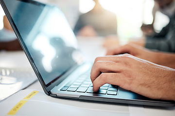 Image showing Computer, businessman and employee hands typing an email in a corporate office. Working, planning and work web research of a business man writing technology analytics or IT code for company strategy