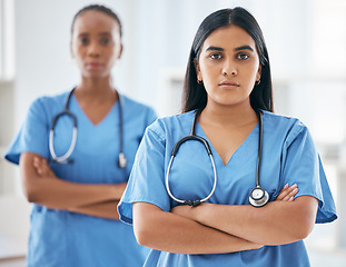 Image showing Portrait medical nurses, healthcare team and hospital staff, clinic support and surgery consulting. Focus, young and working nursing women, professional expert wellness and student doctor internship