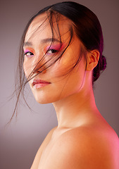 Image showing Beauty, skin and skincare, woman and makeup advertising, face care and body wellness portrait with studio background. Asian model with fresh glow, natural cosmetics and clean facial treatment.