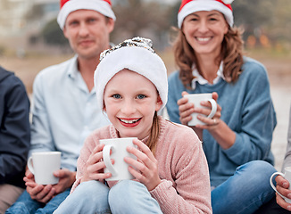 Image showing Nature, portrait and christmas drink with family excited for holiday, gathering and beverage together. Parents, child and happy family smile on festive vacation with tea, coffee or hot chocolate.