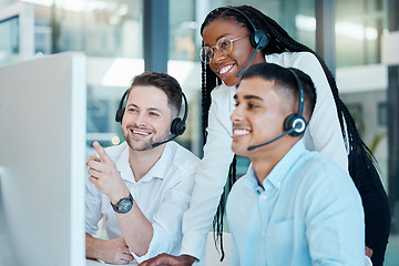 Image showing Customer service, call center or telemarketing team and manager or mentor looking happy reading online feedback or sale on website. Diversity in CRM, support and sales consultant training office