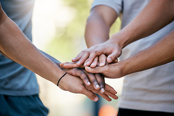 Image showing Team building, hands and people in support of goal, mission and collaboration closeup outdoor. Diversity in sport, hand and community by colleagues trust circle for innovation, planning and strategy