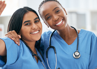 Image showing Doctors, selfie and women friends at hospital smile for photograph together with stethoscope. Happy, healthcare and interracial friendship picture of professional cardiology workers on break.