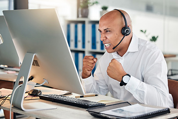 Image showing Success, goals and call center consultant in celebration of reaching a telemarketing crm customer service sales target. Excited and happy insurance agent celebrates winning a client deal with pride