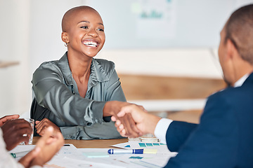 Image showing Business deal, handshake and partnership with employees shaking hands in b2b office agreement or negotiation. Hiring, promotion and thank you for man and woman partner collaboration for success