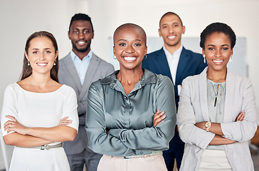 Image showing Teamwork, corporate and business people with smile for partnership, collaboration and trust for professional work. Support, pride and portrait of happy employees with arms crossed for success